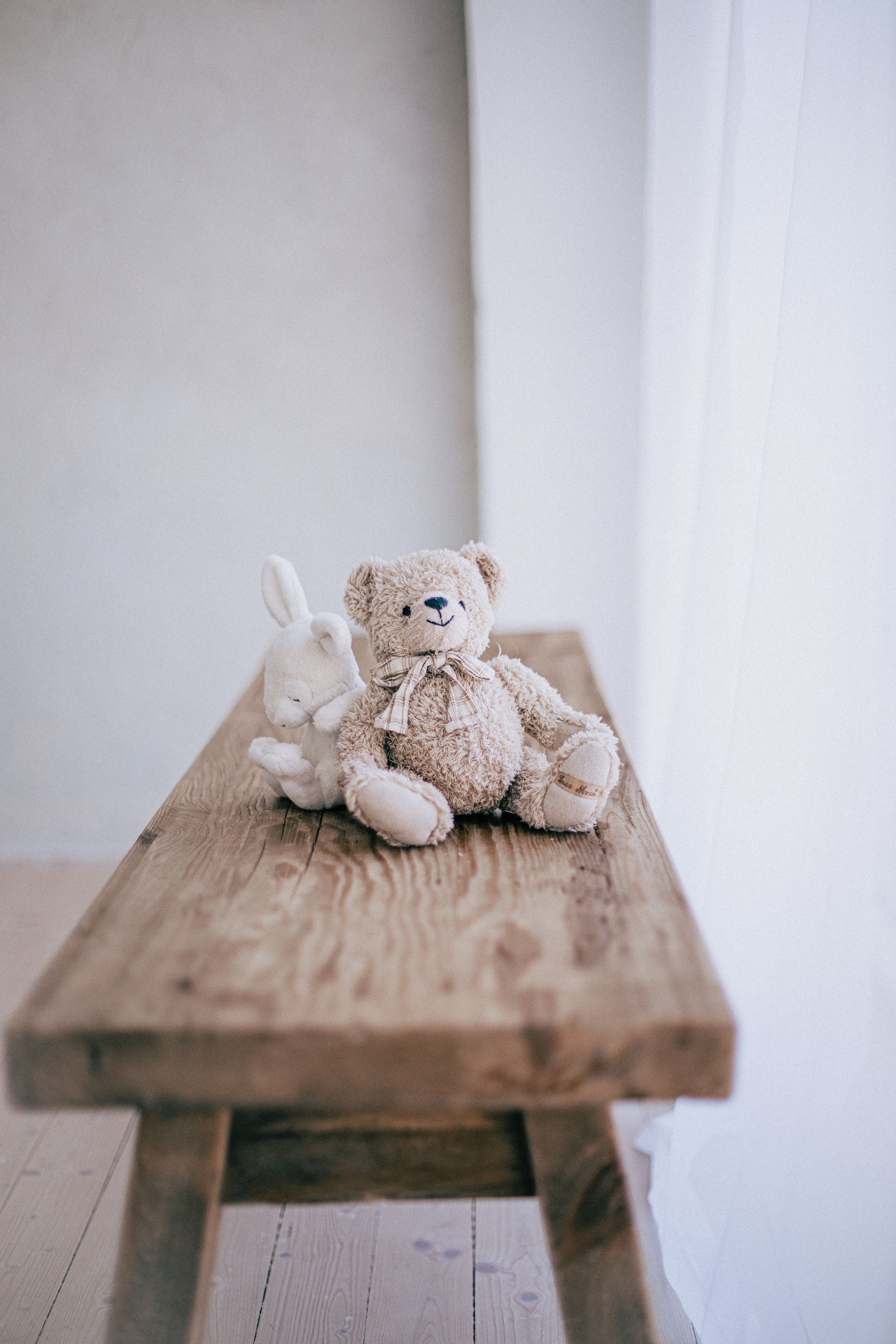Peluches sobre mesa de madera